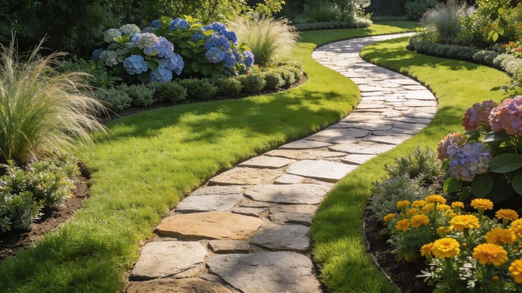 Curving stone garden path through lush green lawn with colorful hydrangeas and eco friendly flower borders in a small backyard.