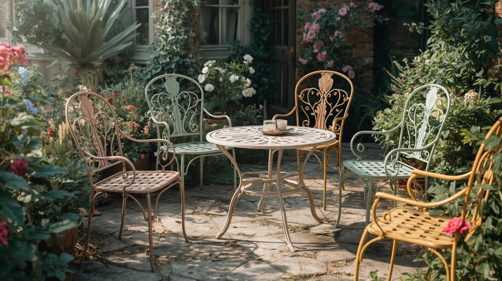 Pastel colored metal garden chairs and round table in a whimsical small garden surrounded by lush eco friendly flowers.