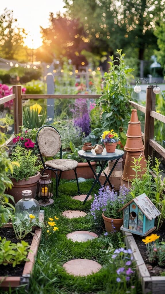 Whimsical small garden at golden hour with stepping stones, bistro chair, potted herbs, terracotta pots, and eco friendly lantern décor.
