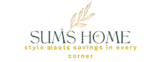 Sums Home logo with golden leaf icon and tagline ‘style meets savings in every corner’ in green and gold