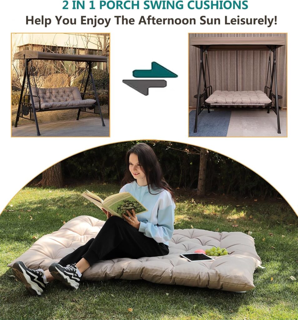 2 in 1 porch swing cushion used as a comfy floor mat for reading in a small garden lawn.