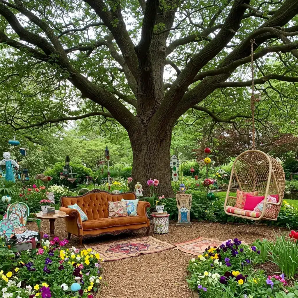 Whimsical small garden lounge with vintage sofa, hanging wicker chair, and colorful flowers under a large tree.