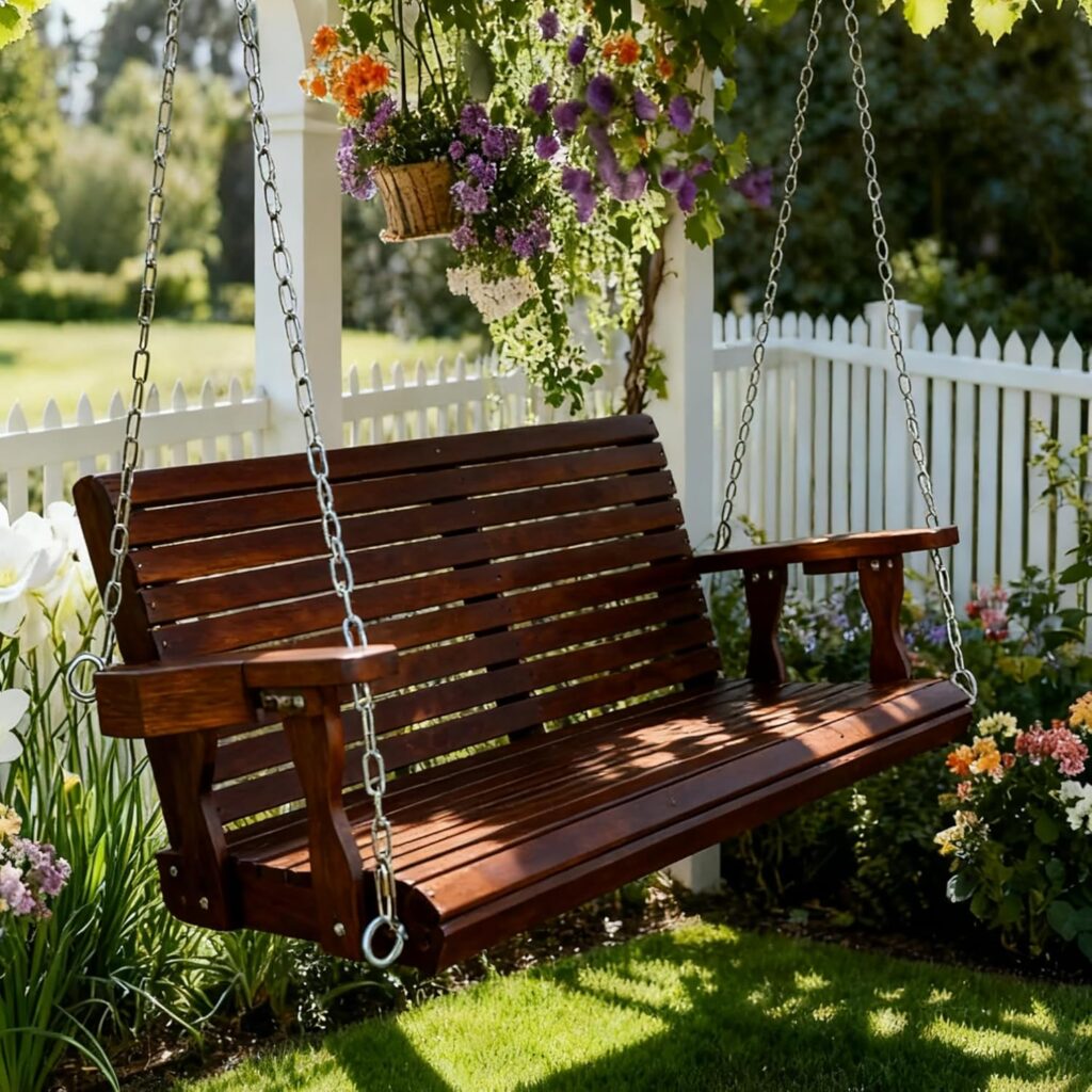 Wooden garden porch swing hanging from chains under flowers beside a white picket fence in a small backyard.